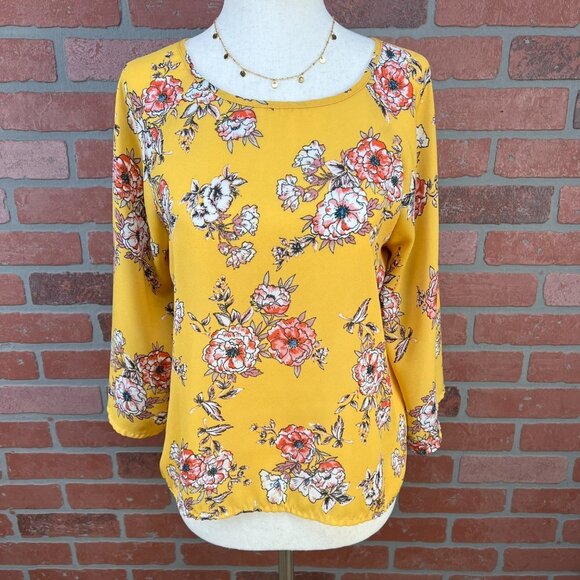 Yellow Floral Bell Sleeve Blouse - Small Petite - Picture 2 of 13